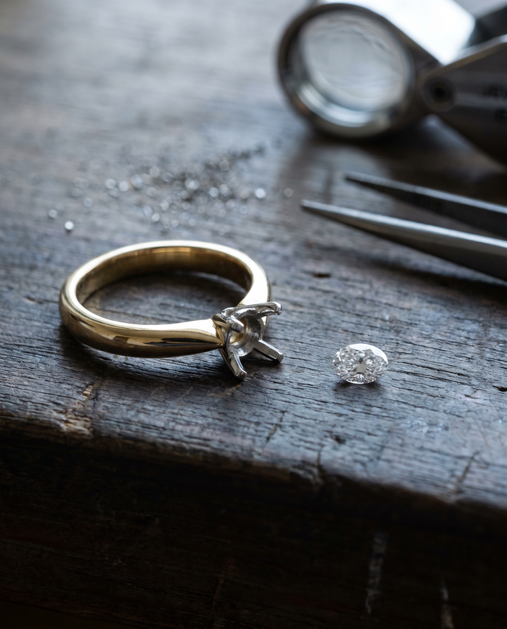Gold ring on a jeweller's bench beside tweezers and a loose diamond, NY2K Jewellers workshop