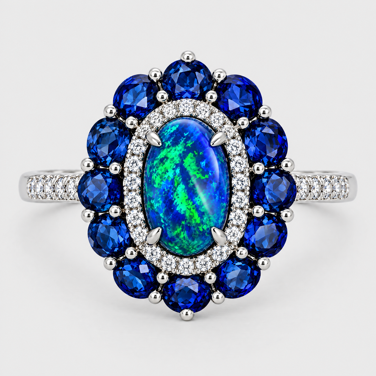 Black Opal, Sapphire and Diamond Ring