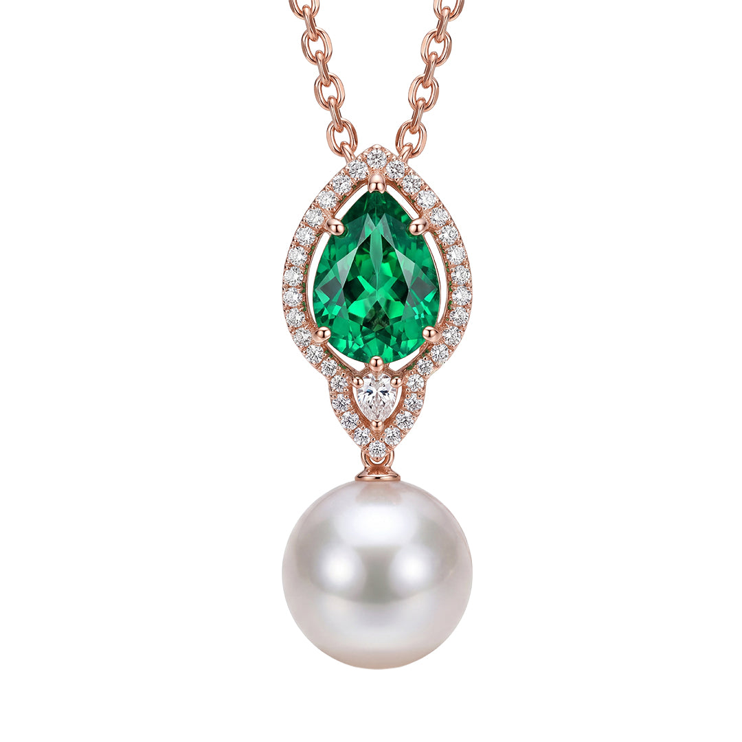AUTORE 18CT YELLOW GOLD EMERALD, DIAMOND, SOUTH SEA PEARL PENDANT