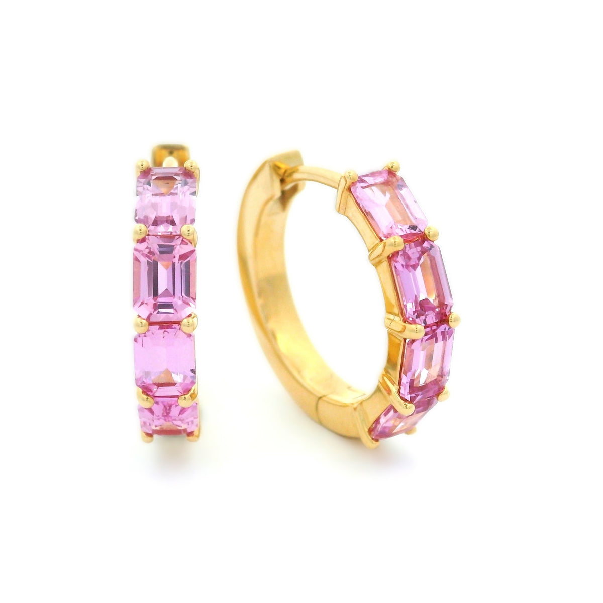 18CT YELLOW GOLD PINK SAPPHIRE HOOP EARRINGS
