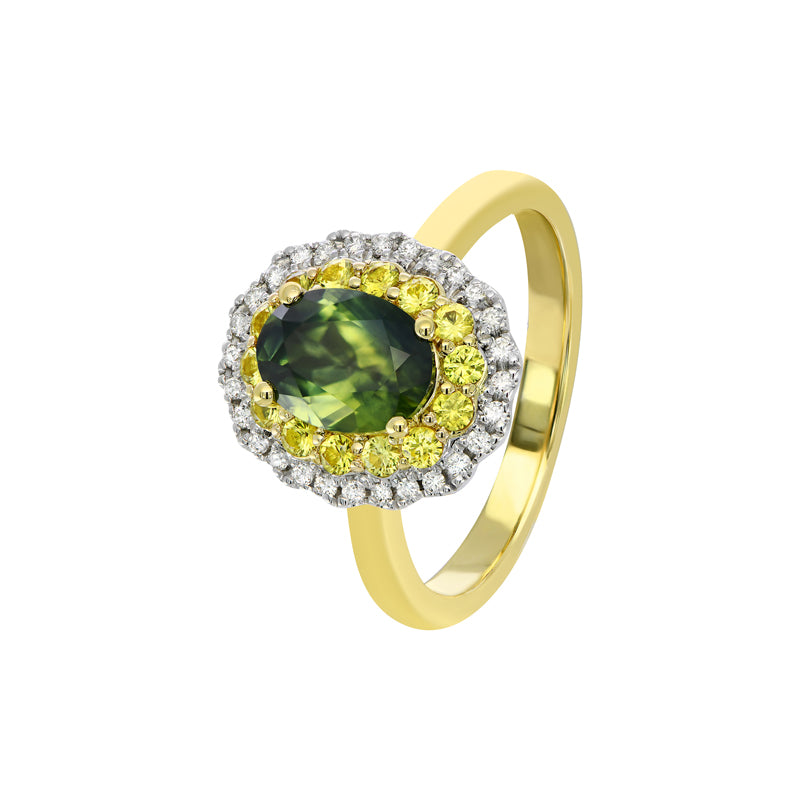 PARTI/GREEN SAPPHIRE AND DIAMOND RING - DOUBLE HALO