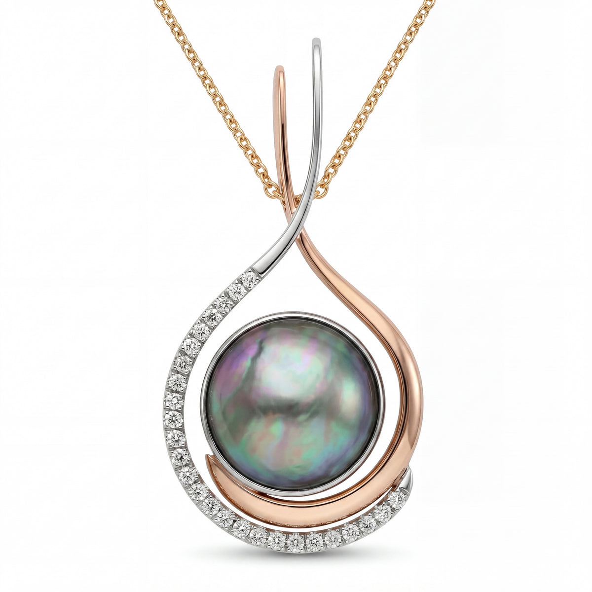 Handcrafted New Zealand Eyris pearl and diamond pendant in 18ct gold, NY2K Jewellers, Maroochydore