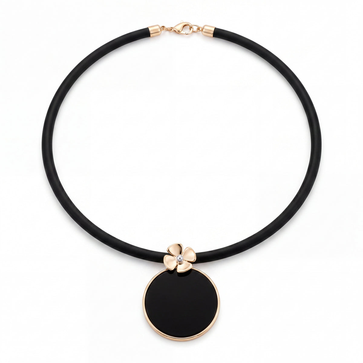 HANDCRAFTED 9CT YELLOW GOLD ONYX FLOWER PENDANT