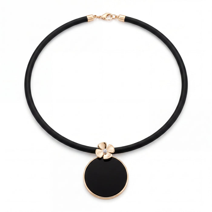 HANDCRAFTED 9CT YELLOW GOLD ONYX FLOWER PENDANT