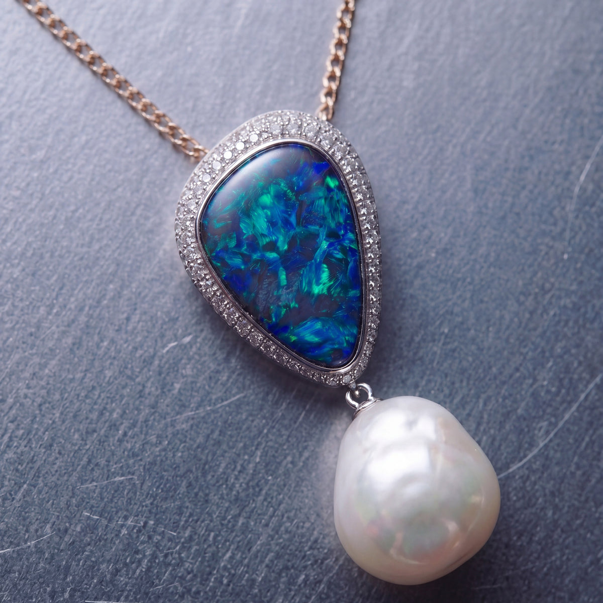 AUTORE OPAL, DIAMOND AND SOUTH SEA PEARL PENDANT