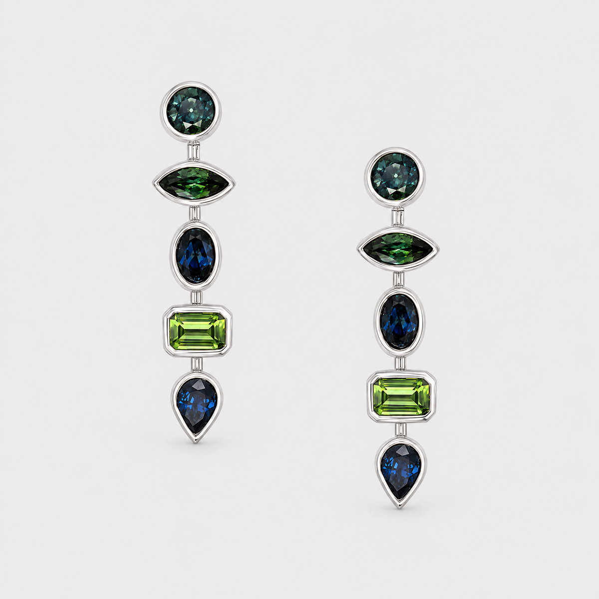 Blue and Teal Sapphire Drop Earrings - Tetra, front view