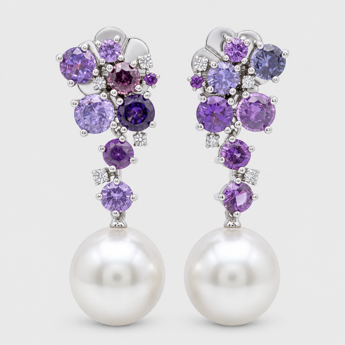 Autore Sapphire, Diamond and Pearl Earrings, front view