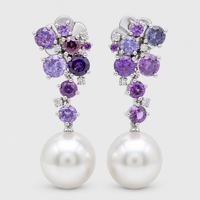 Autore Sapphire, Diamond and Pearl Earrings, front view