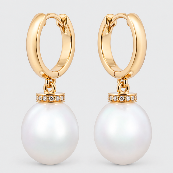 Autore Diamond and South Sea Pearl Earrings, front view