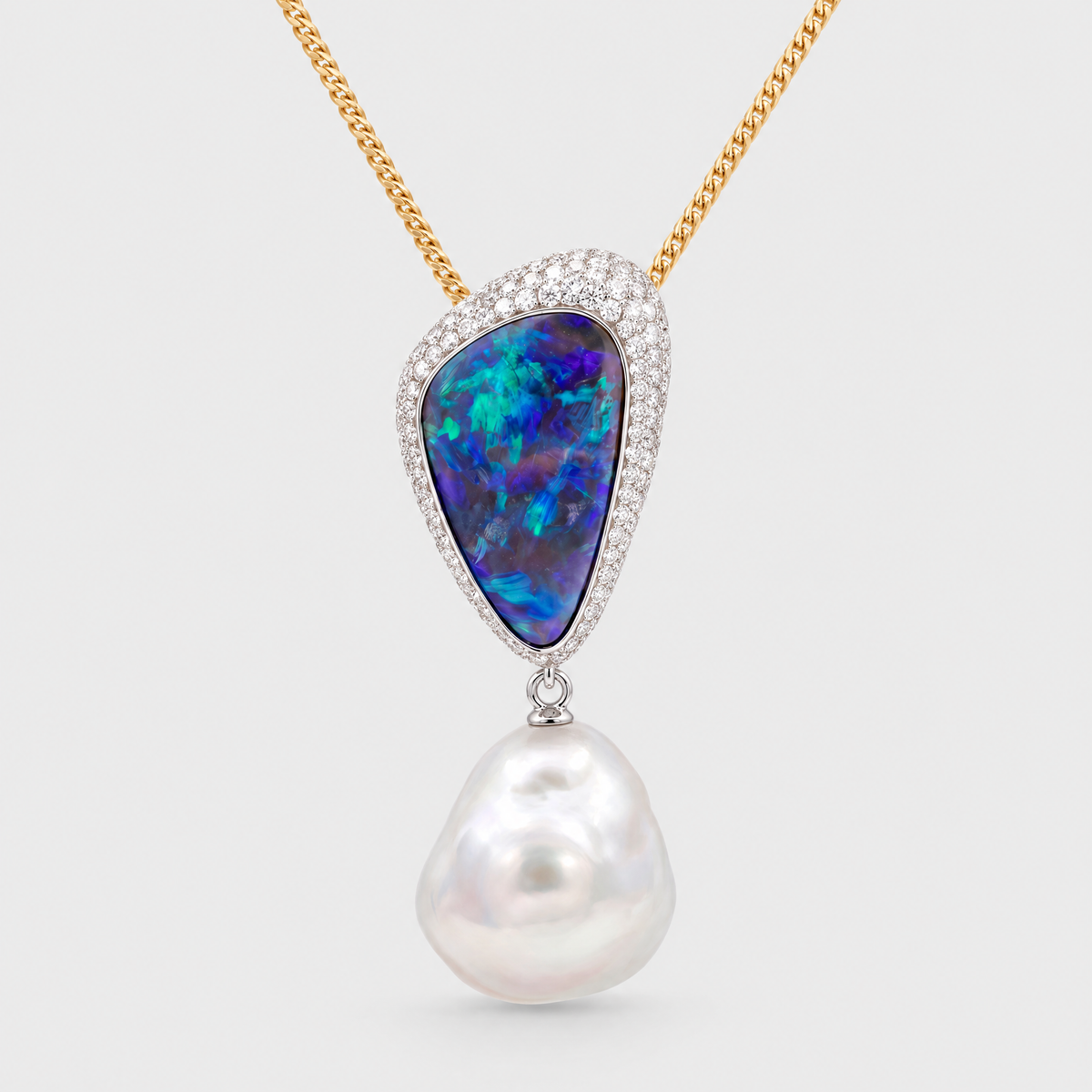 Autore Opal, Diamond and South Sea Pearl Pendant, front view