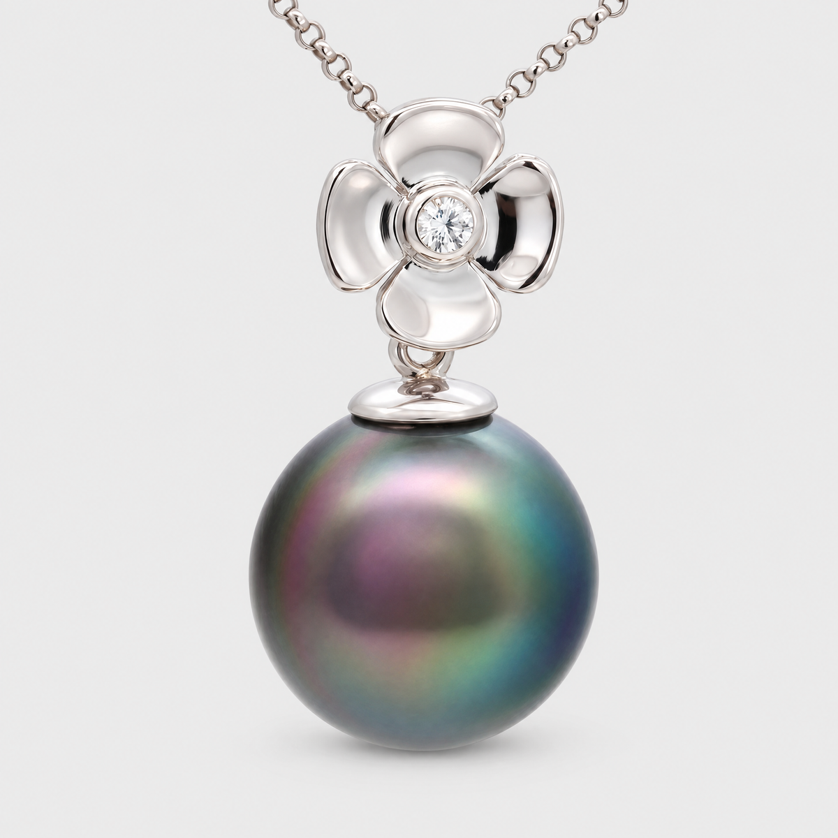 18ct White Gold Flower Tahitian Pearl and Diamond Pendant, front view