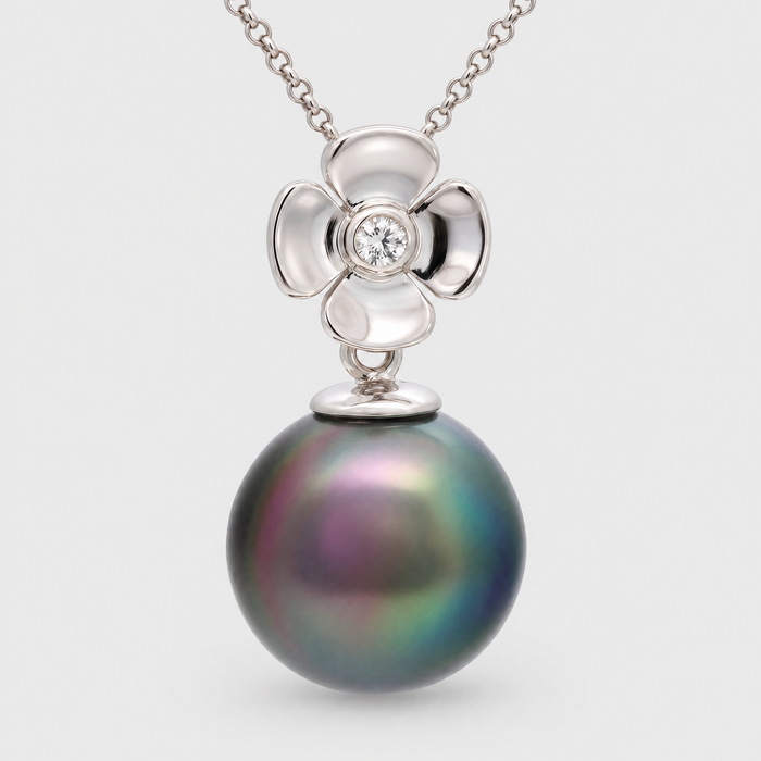 18ct White Gold Flower Tahitian Pearl and Diamond Pendant, front view