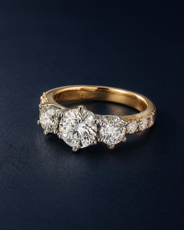 Heirloom ring remodelled into a three-stone diamond ring in yellow and white gold by NY2K Jewellers, Sunshine Coast