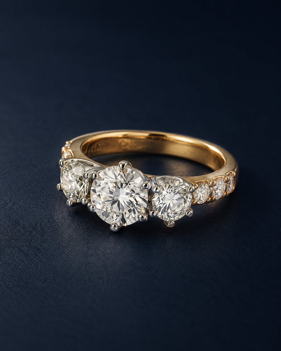 Heirloom ring remodelled into a three-stone diamond ring in yellow and white gold by NY2K Jewellers, Sunshine Coast