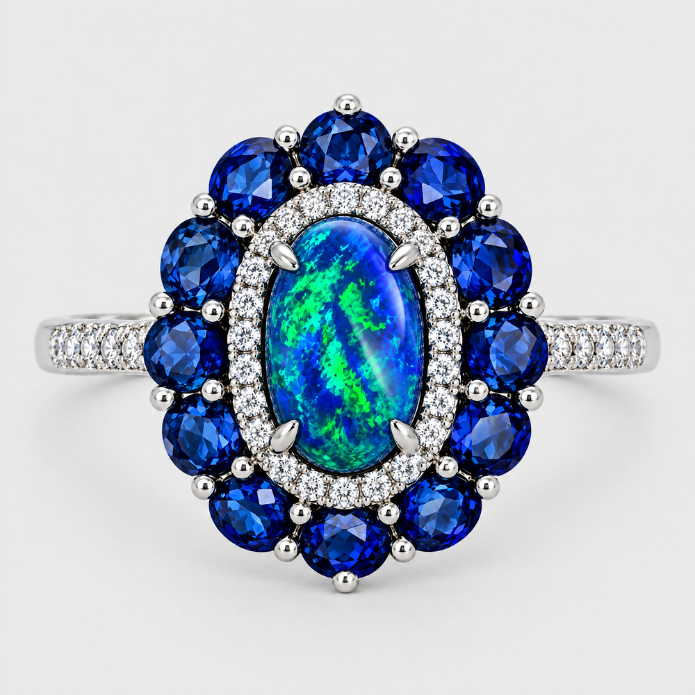 Black Opal, Sapphire and Diamond Ring