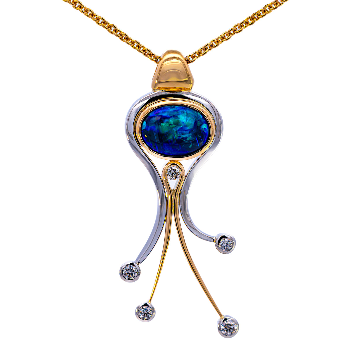 Oval blue gemstone pendant in yellow and white gold with diamond-tipped drops, NY2K Jewellers, Maroochydore