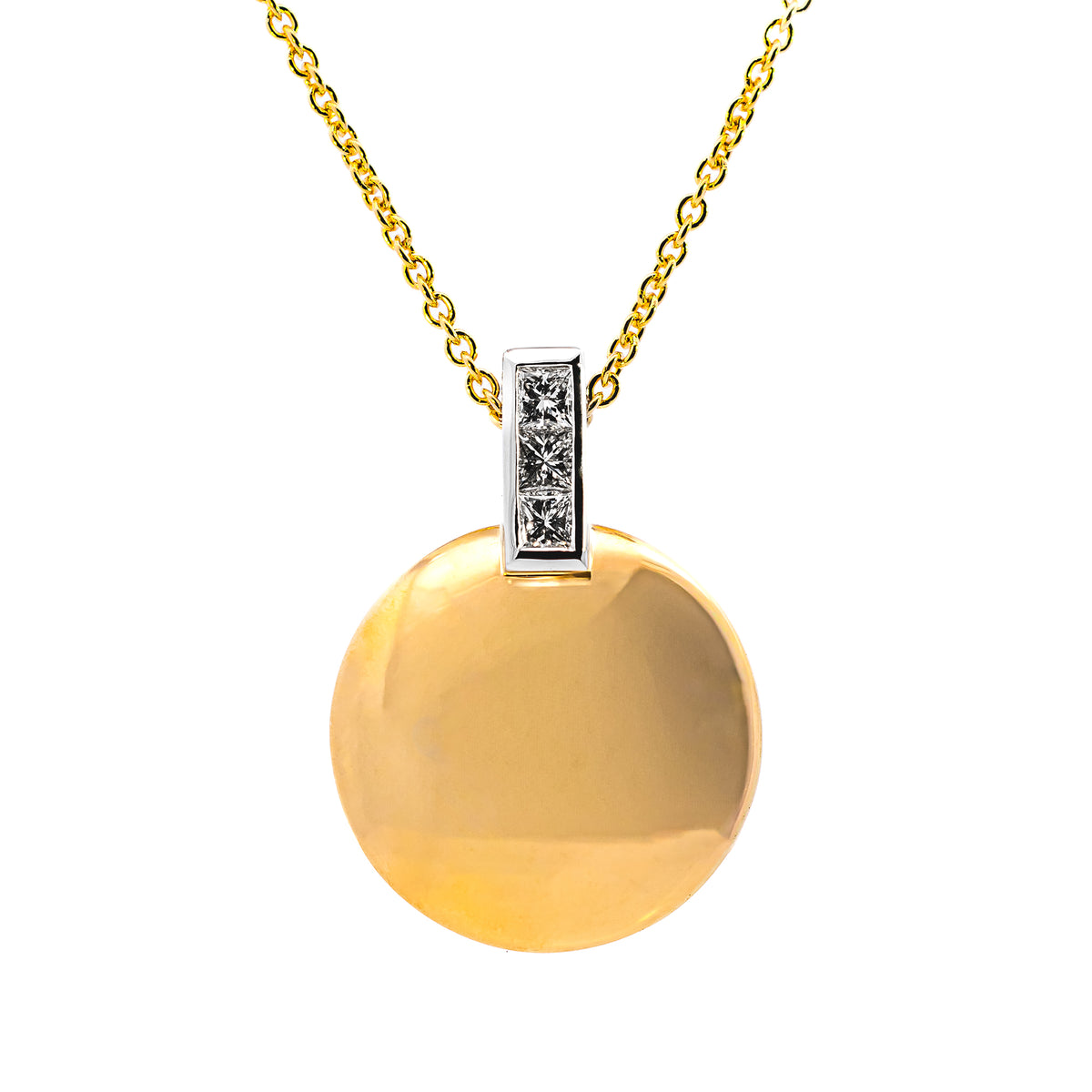 Polished yellow gold disc pendant with a diamond-set bail, NY2K Jewellers, Maroochydore