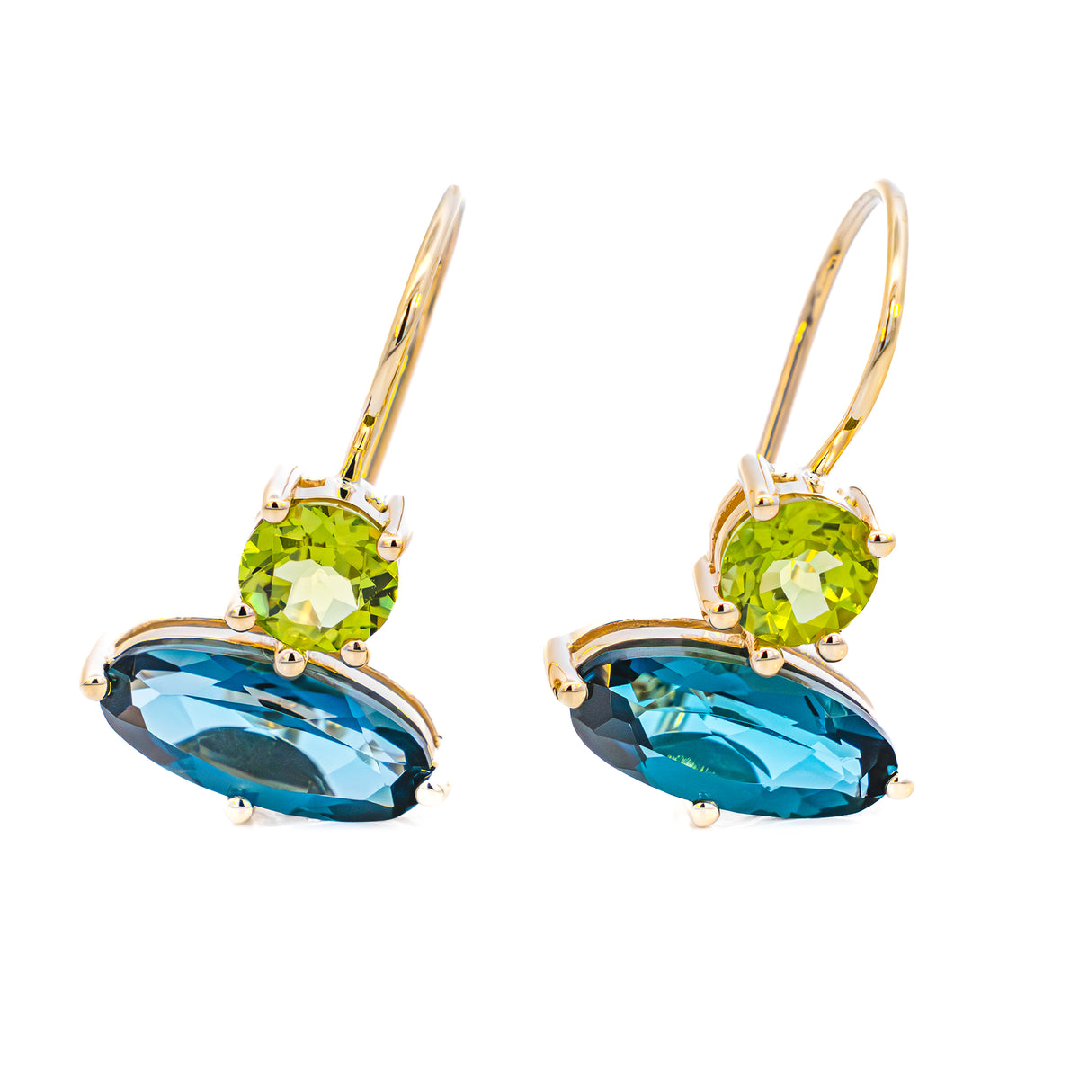 Green and blue gemstone drop earrings in yellow gold, NY2K Jewellers, Maroochydore