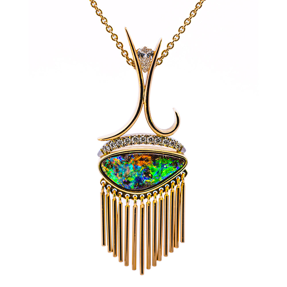 Opal pendant in yellow gold with a gold fringe and diamond accents, NY2K Jewellers, Maroochydore