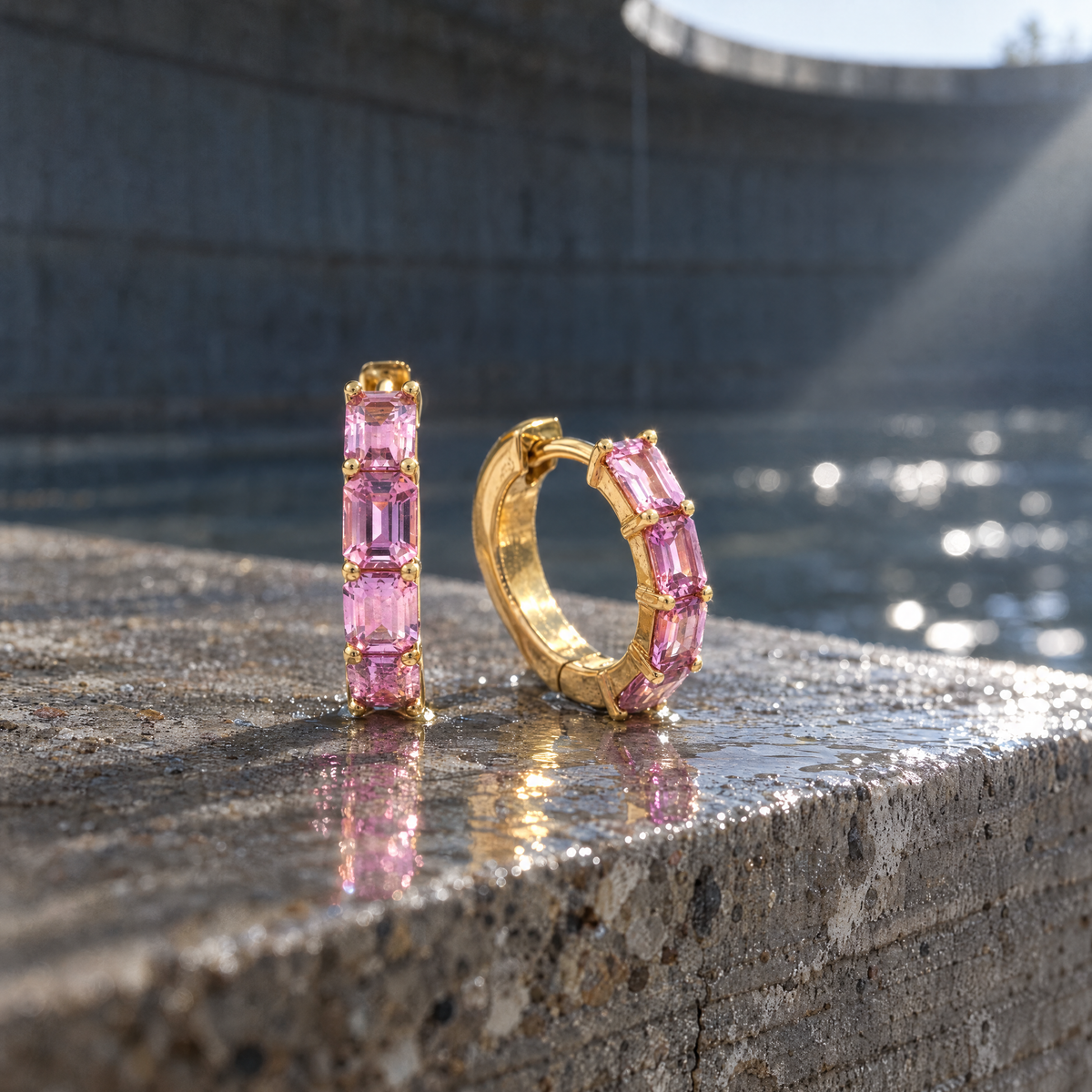18CT YELLOW GOLD PINK SAPPHIRE HOOP EARRINGS