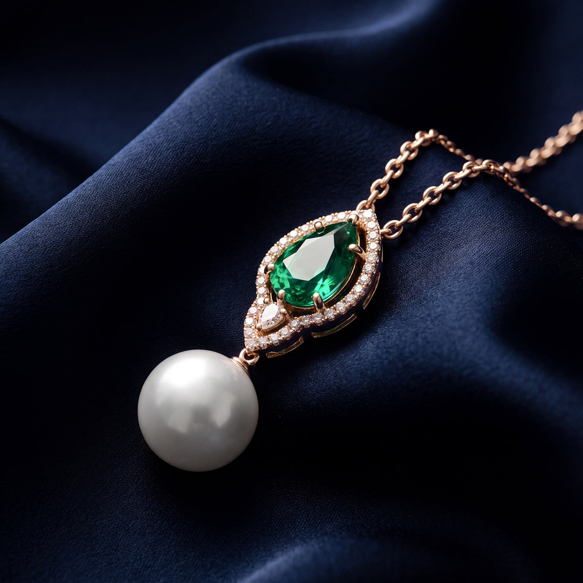AUTORE 18CT YELLOW GOLD EMERALD, DIAMOND, SOUTH SEA PEARL PENDANT