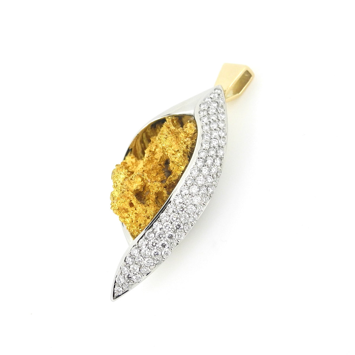Natural gold nugget pendant framed by a pave diamond leaf, NY2K Jewellers, Maroochydore