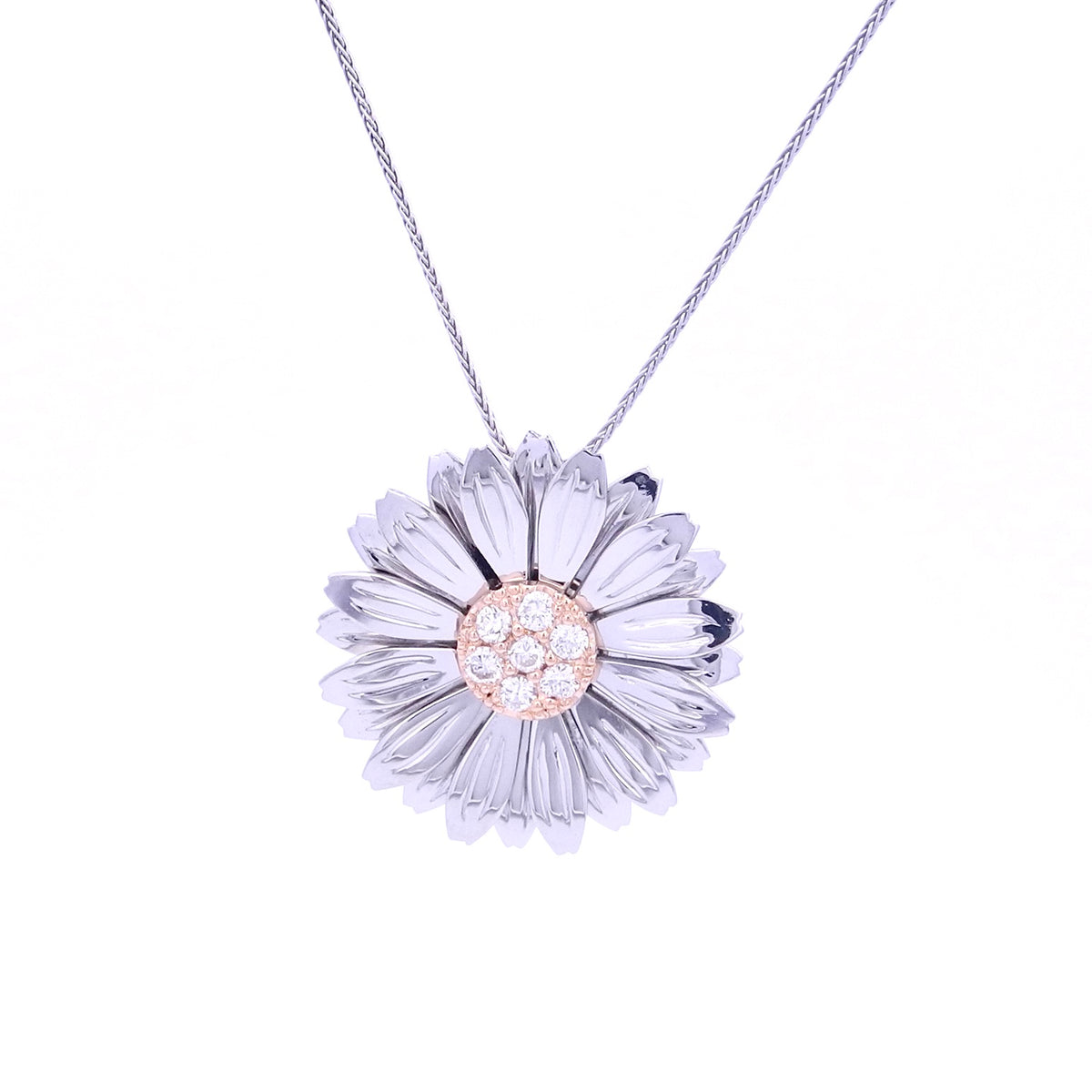White gold daisy flower pendant with a diamond-set centre, NY2K Jewellers, Maroochydore
