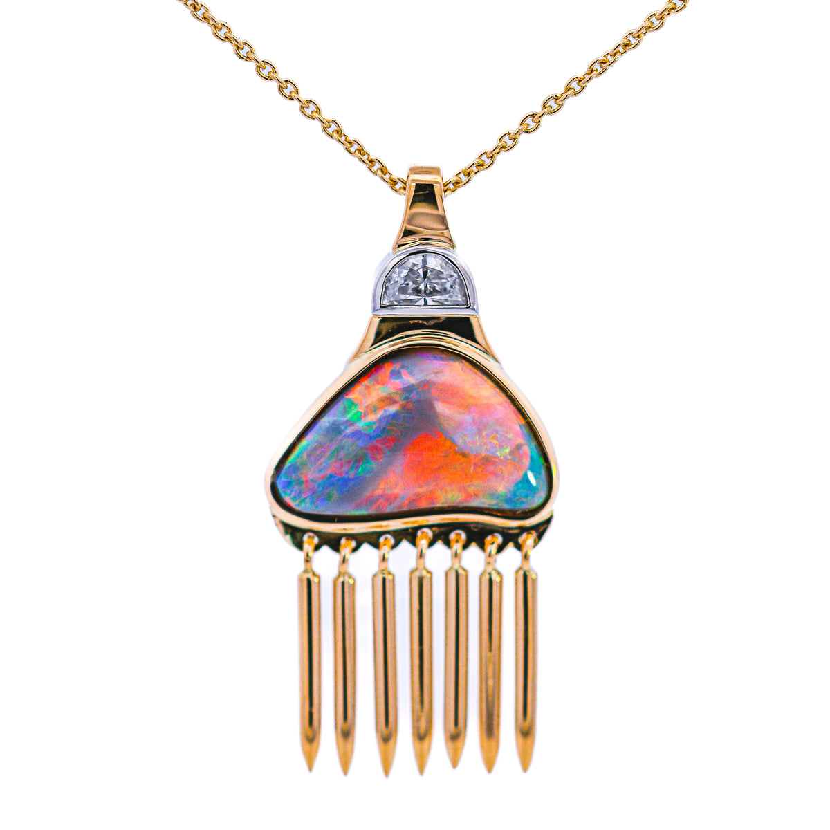 Opal pendant in yellow gold with a gold bar fringe, NY2K Jewellers, Maroochydore