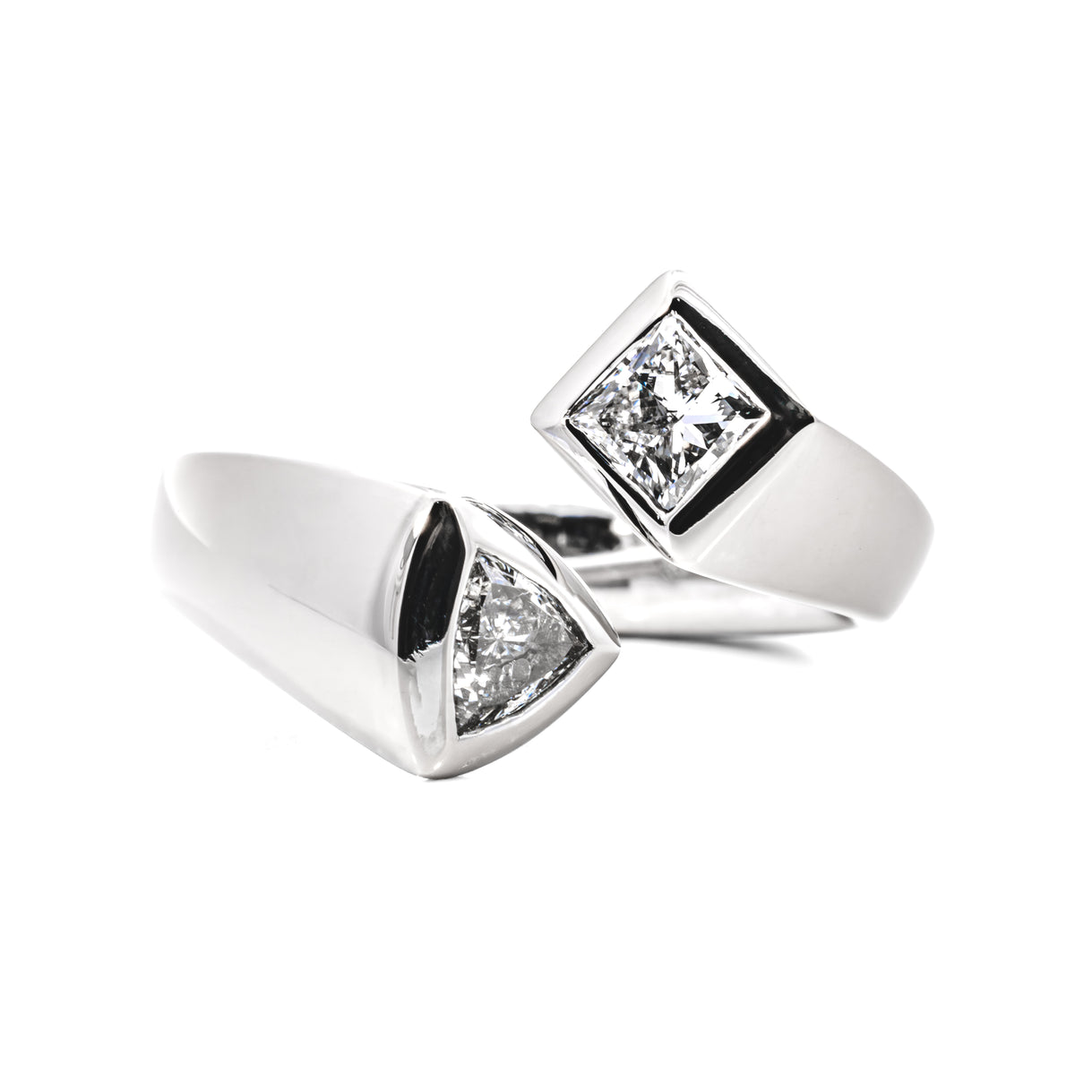 White gold crossover ring with princess-cut and trilliant-cut diamonds, NY2K Jewellers, Maroochydore
