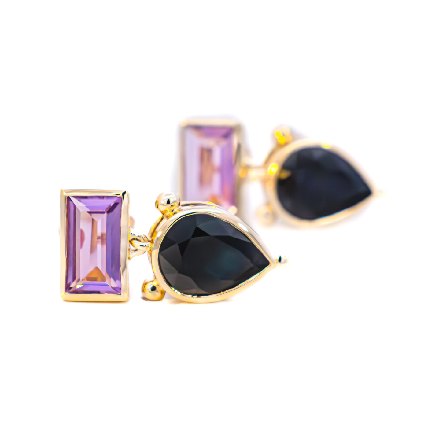 9CT YELLOW GOLD AMETHYST AND SAPPHIRE EARRINGS
