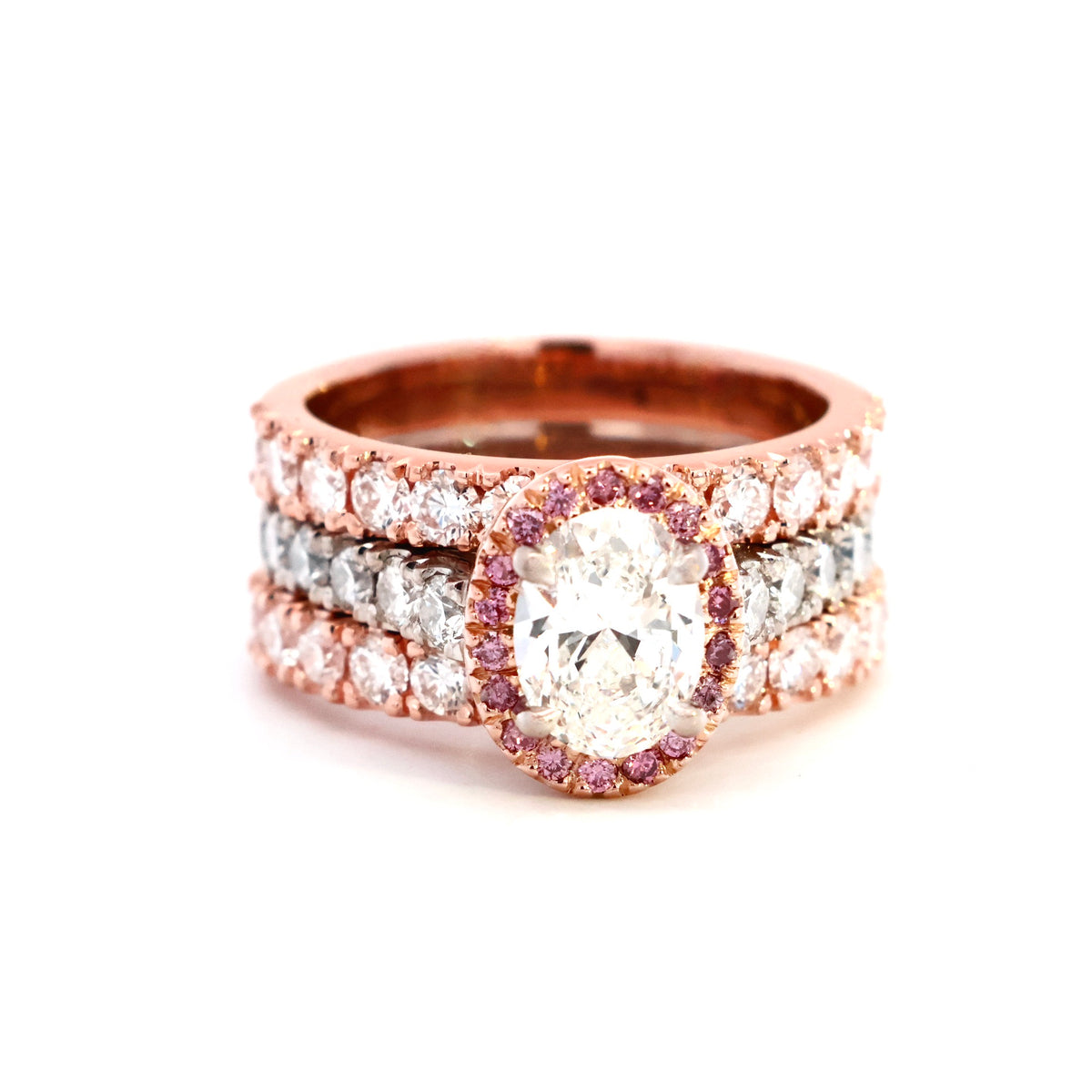 Rose gold stacked ring set with an oval diamond, pink halo and diamond bands, NY2K Jewellers, Maroochydore