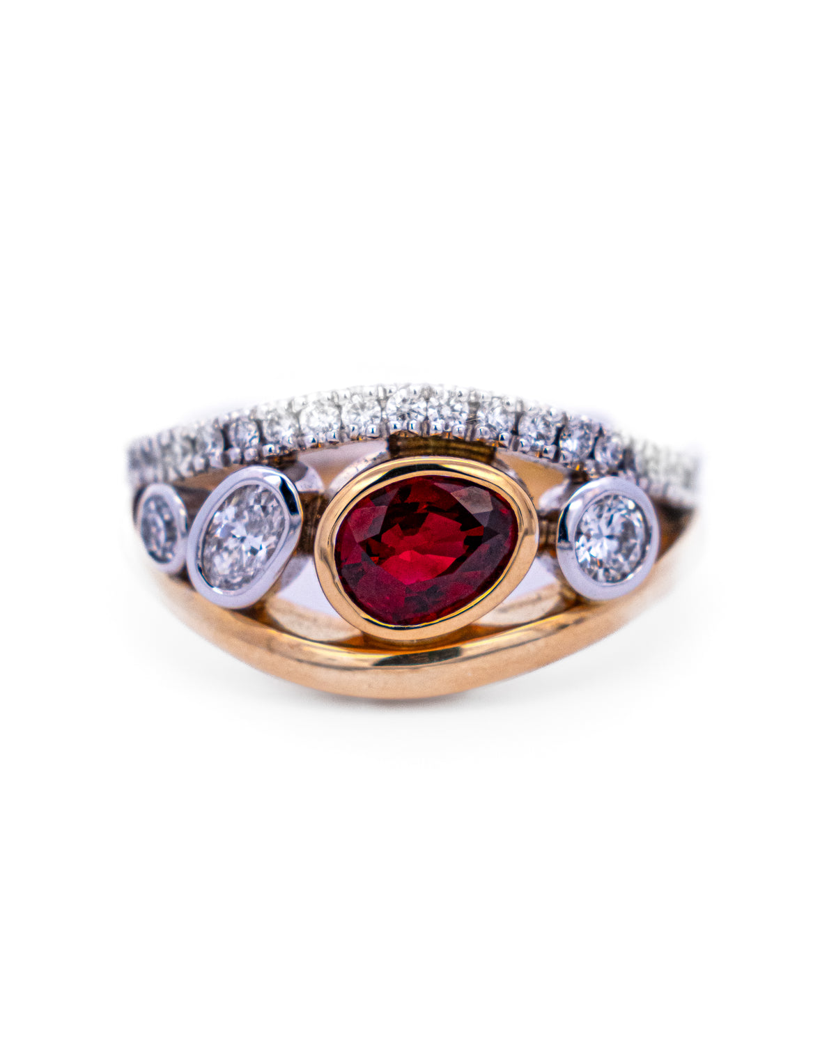 Red gemstone and diamond three-stone ring with a curved diamond band, NY2K Jewellers, Maroochydore
