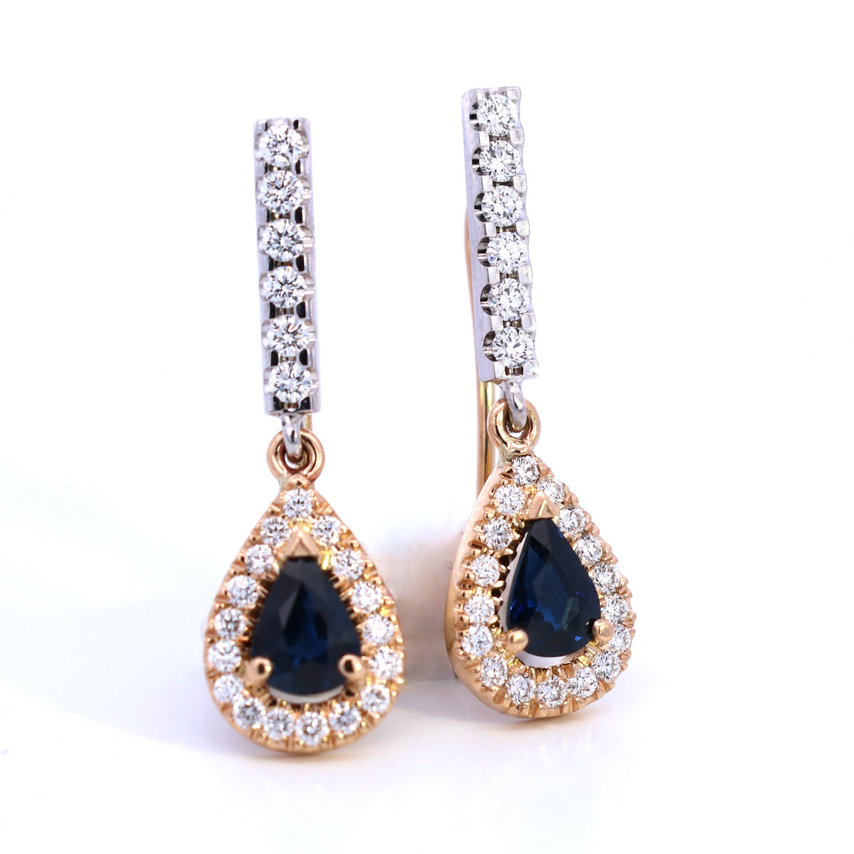 Pear-cut dark blue gemstone and diamond halo drop earrings in gold, NY2K Jewellers, Maroochydore