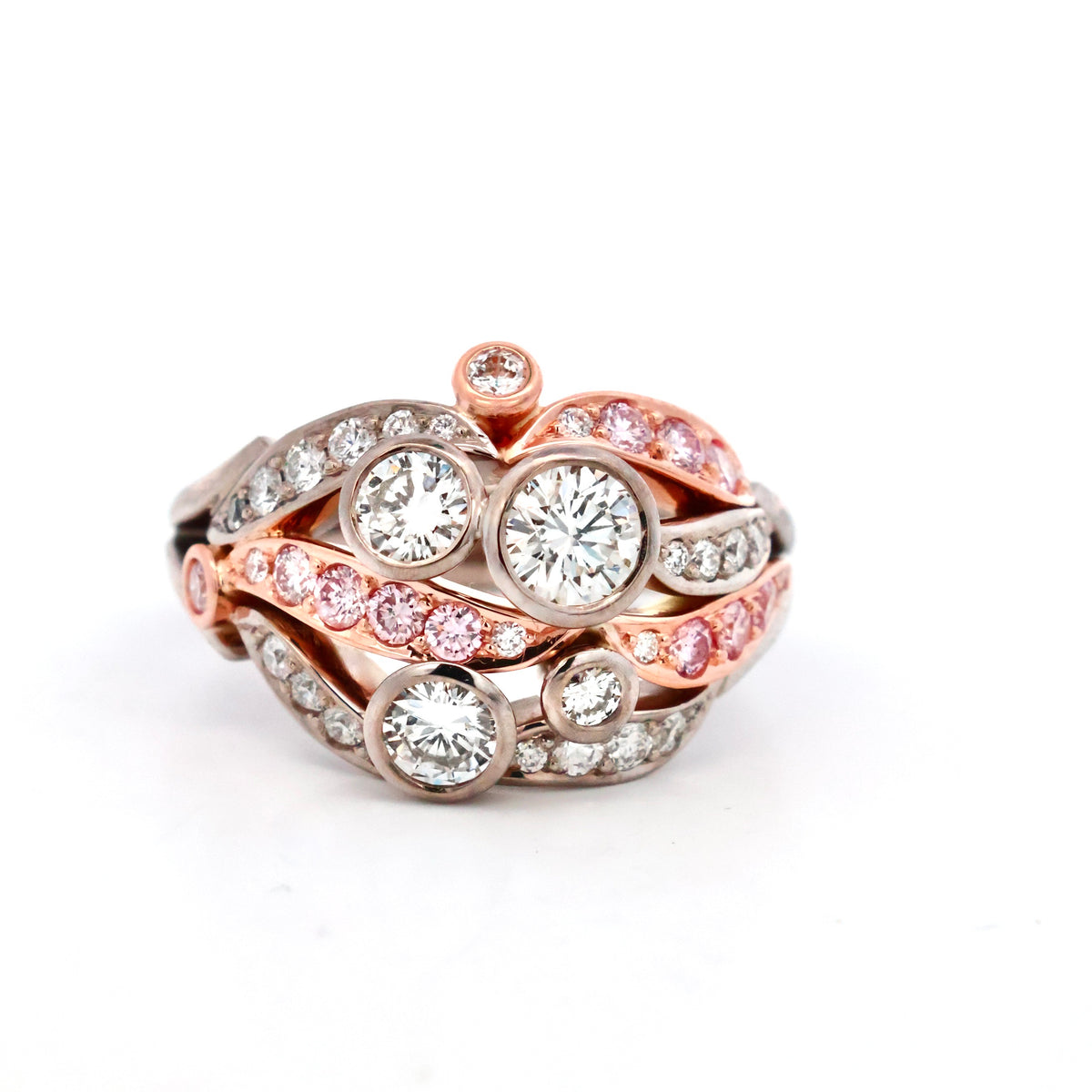 Rose and white gold swirl ring set with white diamonds and pink stones, NY2K Jewellers, Maroochydore