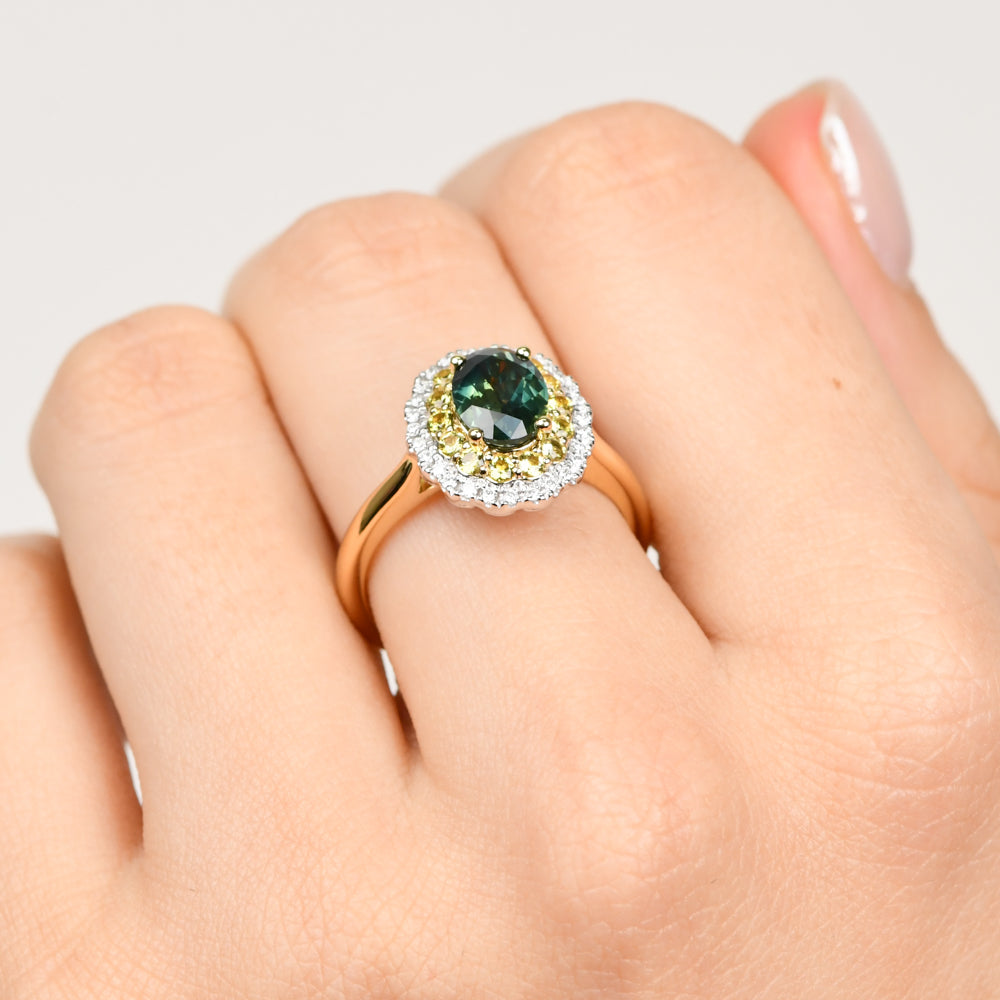 PARTI/GREEN SAPPHIRE AND DIAMOND RING - DOUBLE HALO