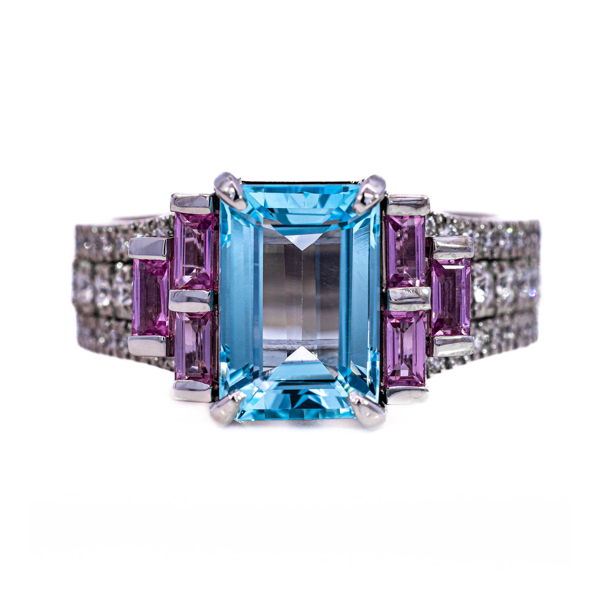 Emerald-cut pale blue gemstone ring with pink baguette stones and diamonds, NY2K Jewellers, Maroochydore