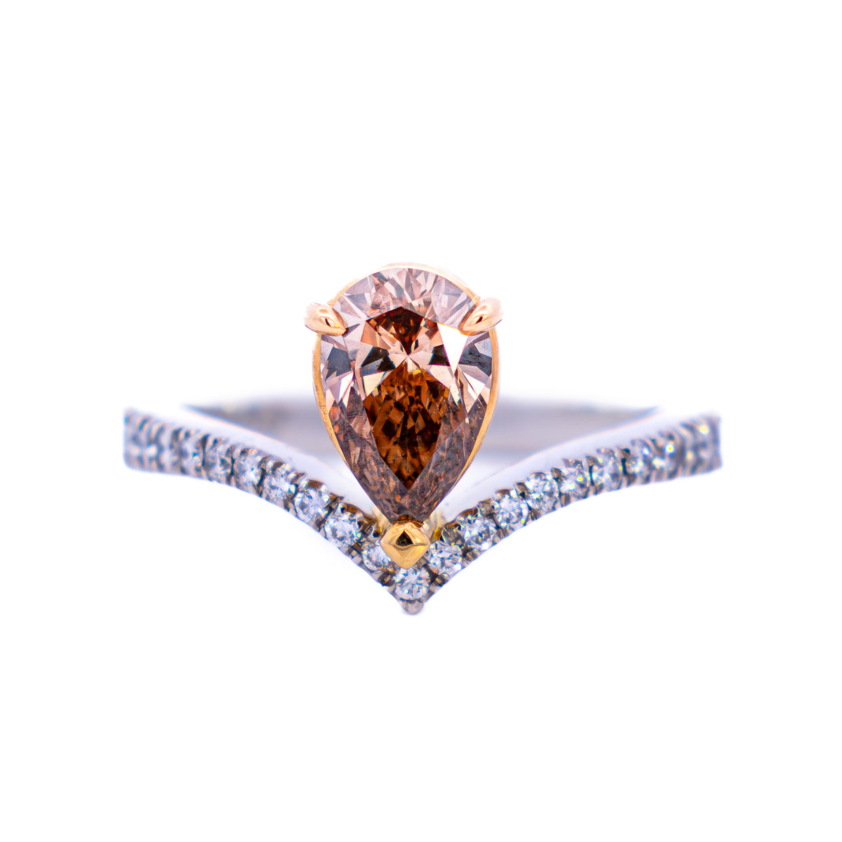 Pear-cut champagne diamond ring with a diamond chevron band, NY2K Jewellers, Maroochydore