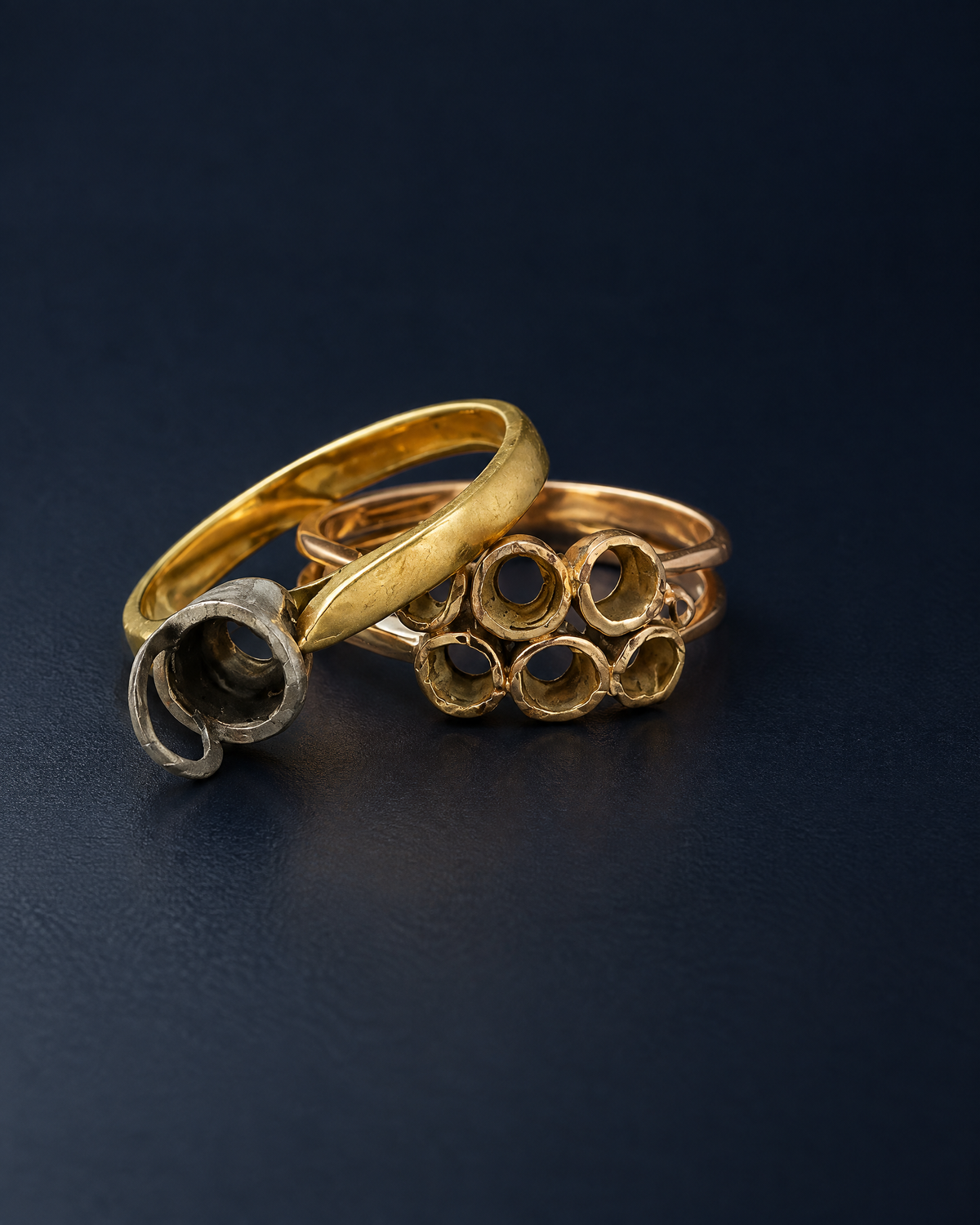 Two worn heirloom gold rings with empty settings, before remodelling at NY2K Jewellers, Maroochydore