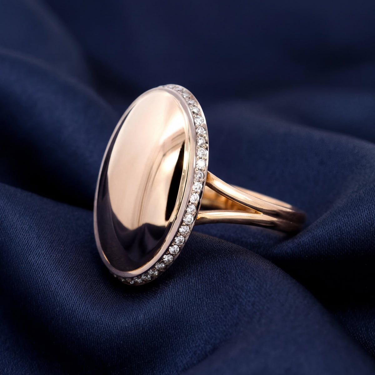 Polished rose gold oval dome ring with a diamond-set edge, NY2K Jewellers, Maroochydore