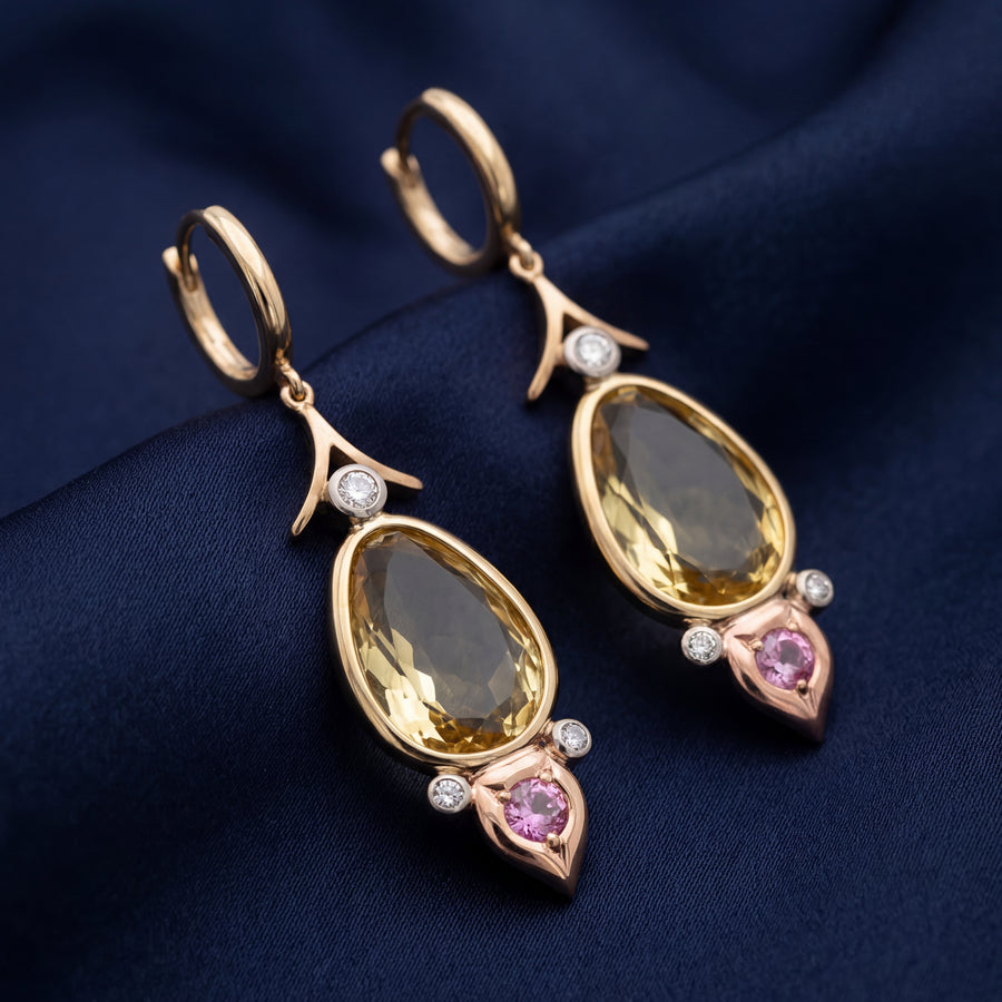 HANDCRAFTED SAPPHIRE, BERYL AND DIAMOND EARRINGS