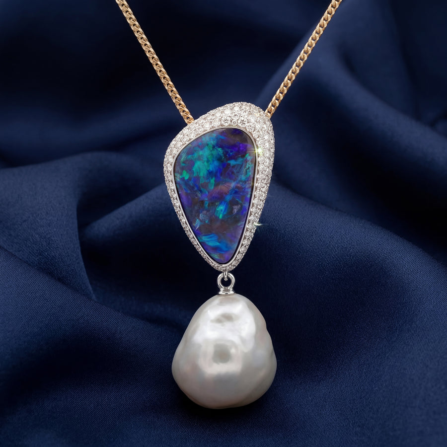 OPAL, DIAMOND AND AUTORE SOUTH SEA PEARL PENDANT