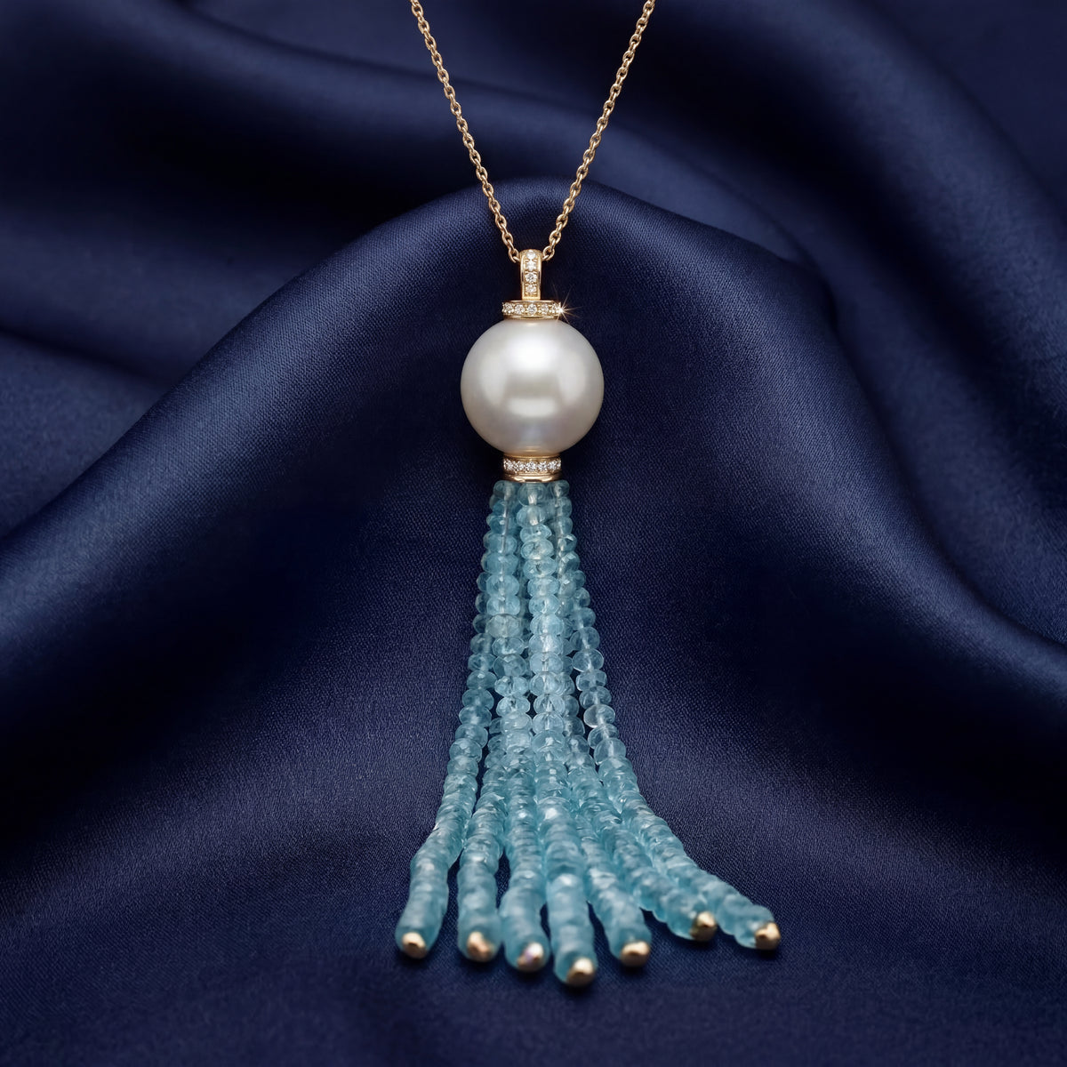 Pearl and blue gemstone bead tassel pendant on a gold chain, NY2K Jewellers, Maroochydore