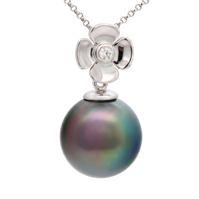 HANDCRAFTED 18CT WHITE GOLD FLOWER TAHITIAN PEARL AND DIAMOND PENDANT