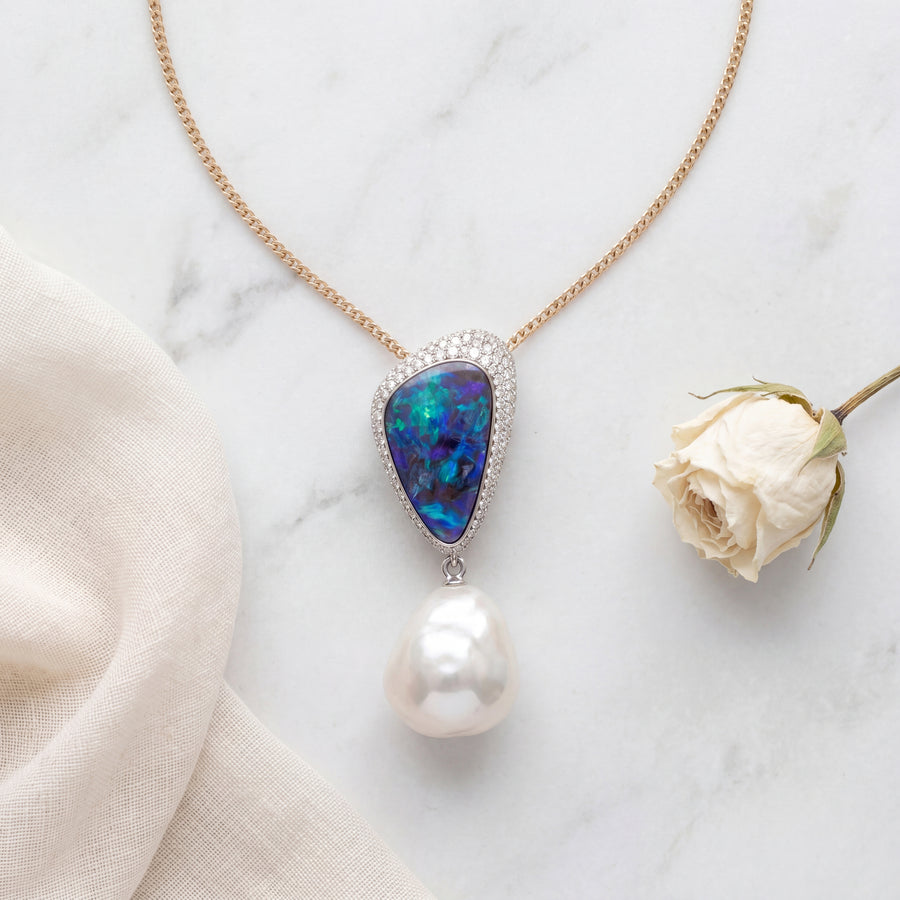OPAL, DIAMOND AND AUTORE SOUTH SEA PEARL PENDANT