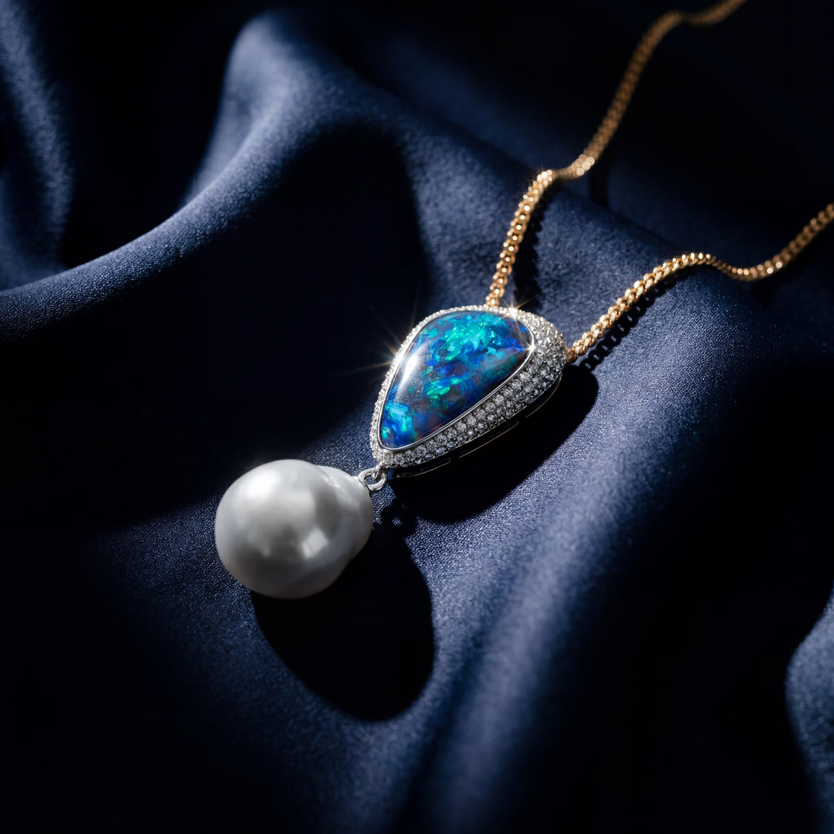AUTORE OPAL, DIAMOND AND SOUTH SEA PEARL PENDANT