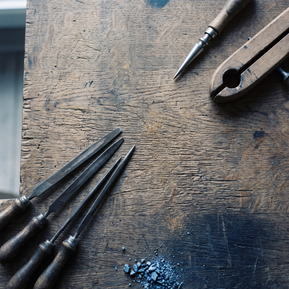 Jeweller's bench at NY2K Jewellers with files, ring clamp and tools laid out