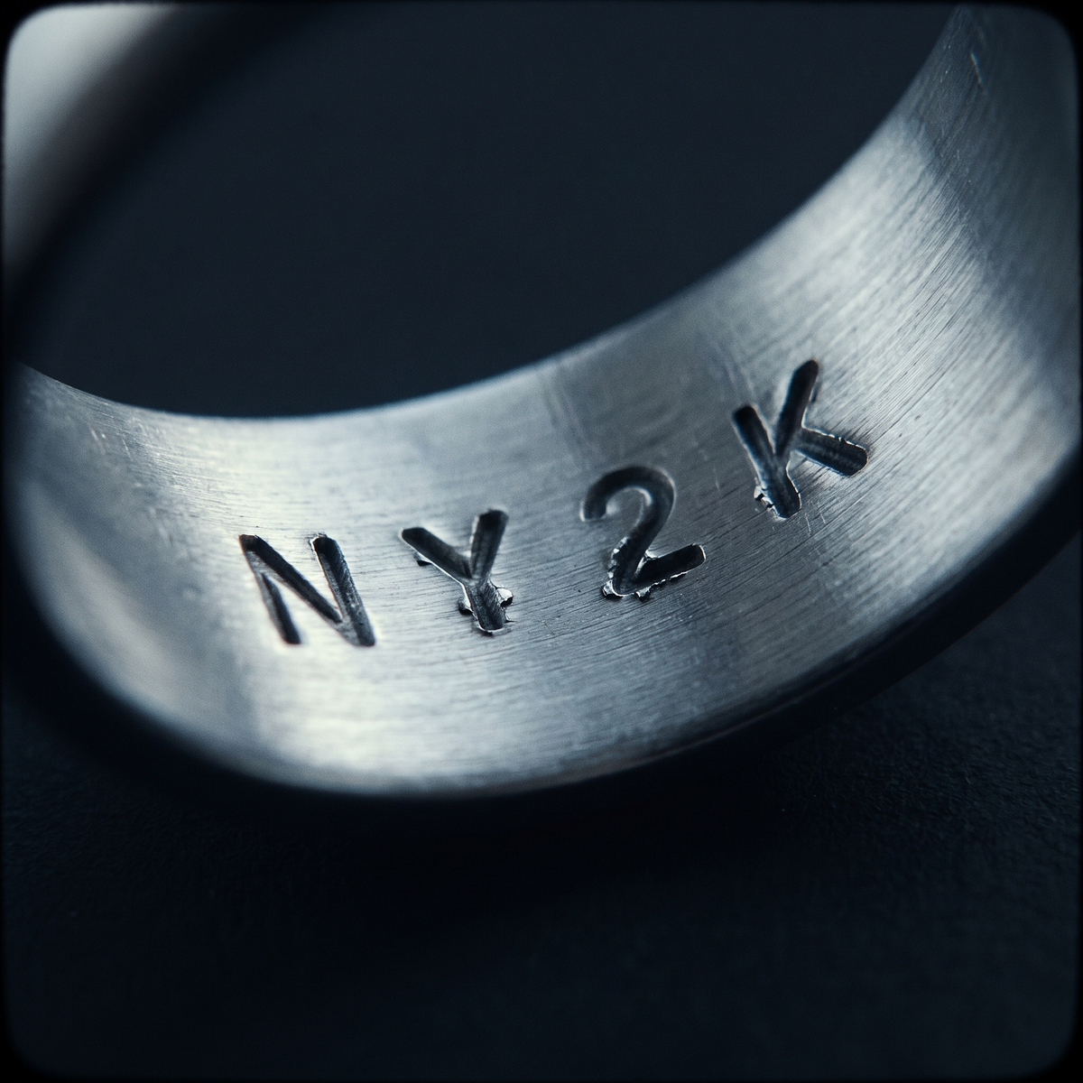 Maker's mark and metal stamp inside an antique band under raking light