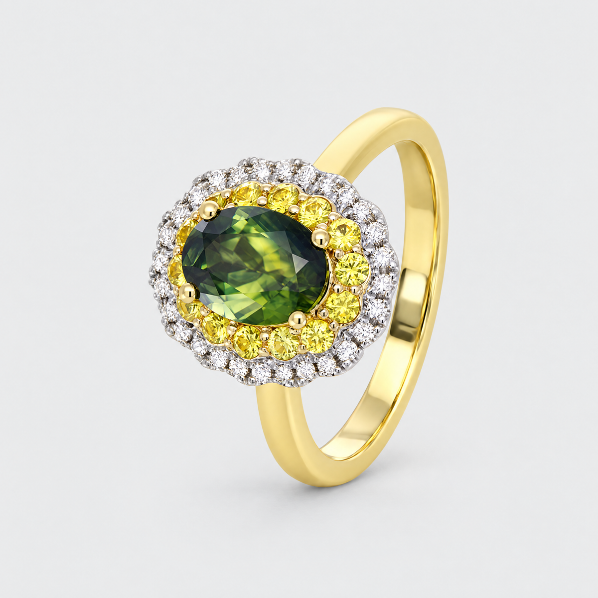 Parti Green Sapphire and Diamond Double Halo Ring, front view