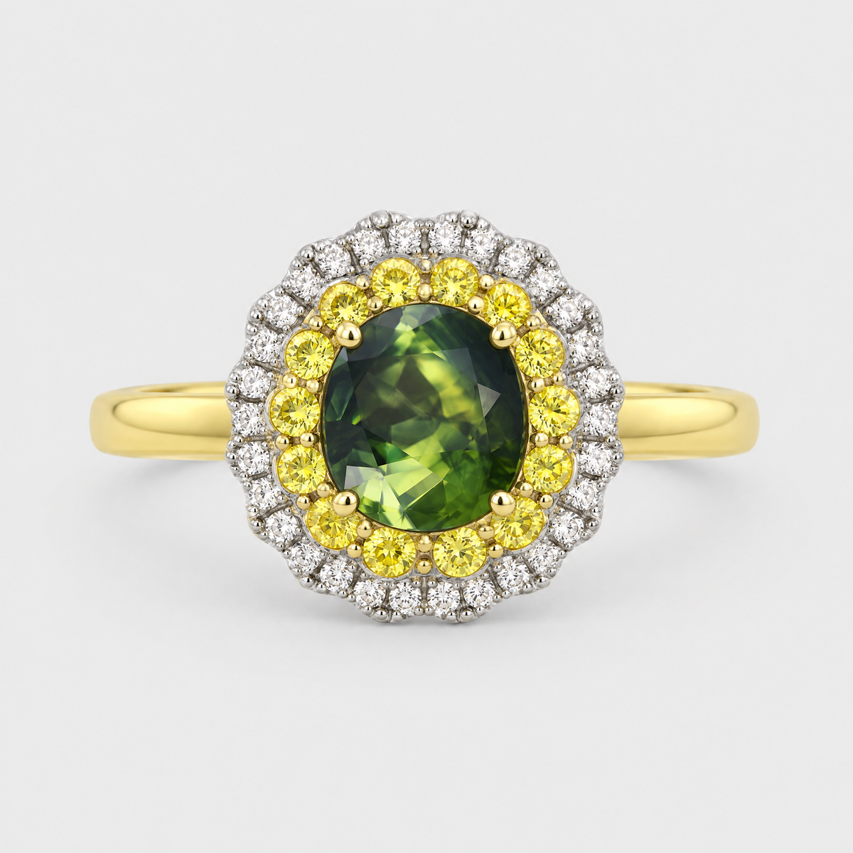 Parti Green Sapphire and Diamond Double Halo Ring, front view
