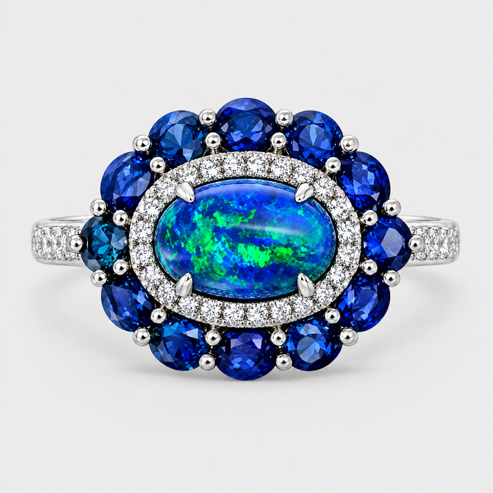 Black Opal, Sapphire and Diamond Ring, front view